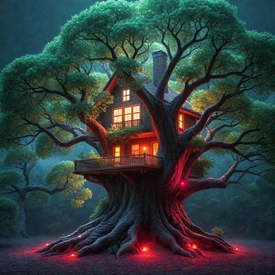 The primary subject of the image is a house built into the side of a large tree. The house has a unique design, with a large window and a balcony. The setting is a forest, with the tree being the main focus of the image. The visual style is a digital art, creating a surreal and fantastical atmosphere. The colors are predominantly green, with the tree and house being the main elements in the scene.